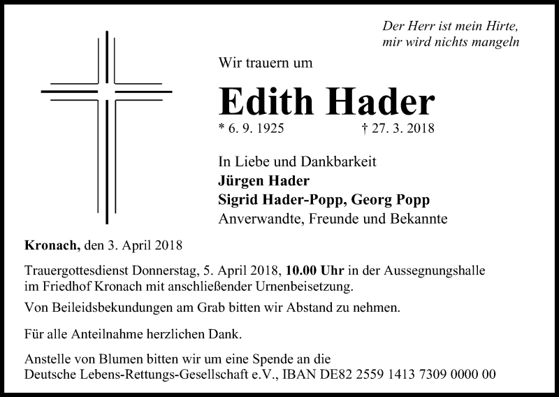  Traueranzeige für Edith Hader vom 03.04.2018 aus MGO