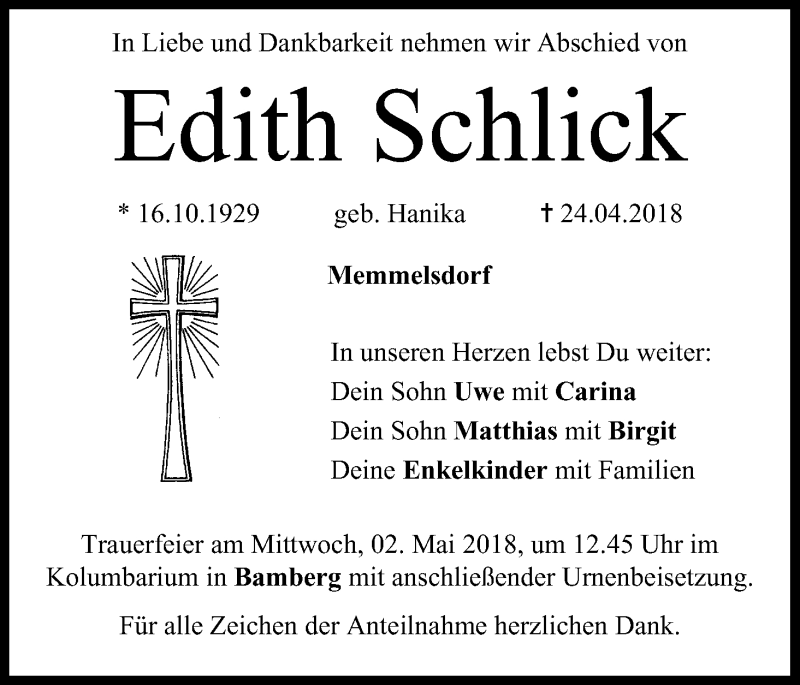  Traueranzeige für Edith Schlick vom 28.04.2018 aus MGO