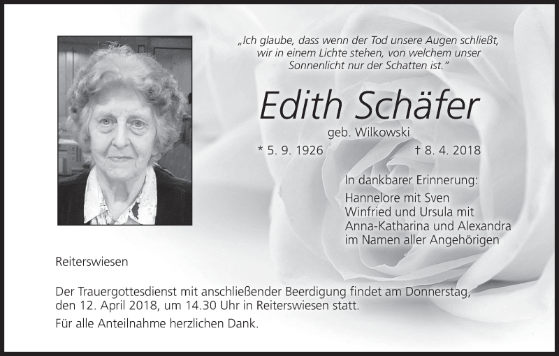  Traueranzeige für Edith Schäfer vom 10.04.2018 aus MGO