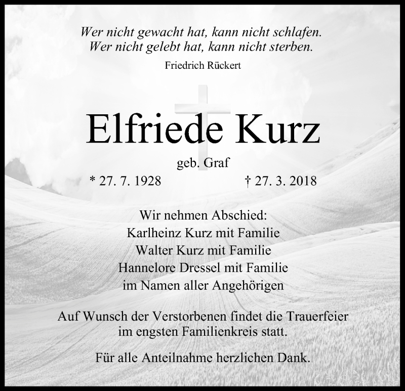  Traueranzeige für Elfriede Kurz vom 03.04.2018 aus MGO