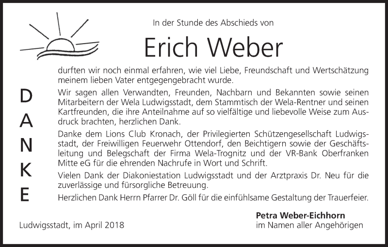  Traueranzeige für Erich Weber vom 27.04.2018 aus MGO