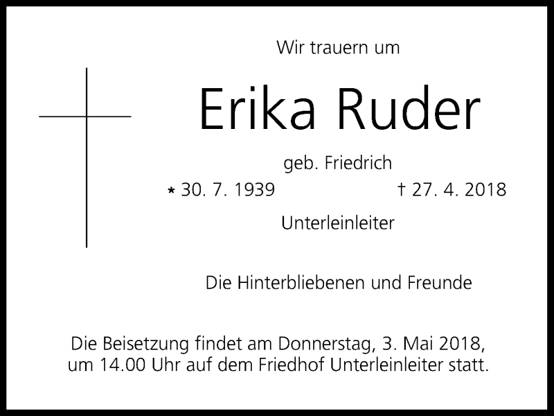  Traueranzeige für Erika Ruder vom 30.04.2018 aus MGO