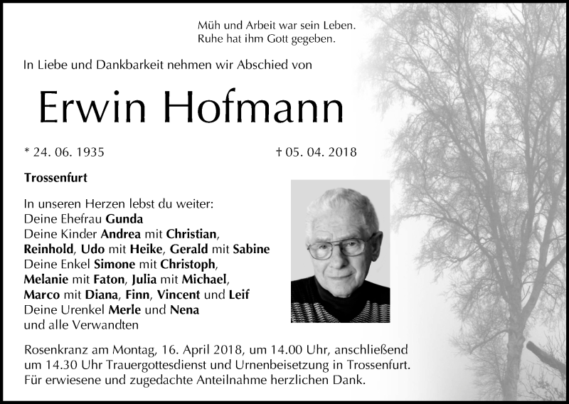  Traueranzeige für Erwin Hofmann vom 14.04.2018 aus MGO