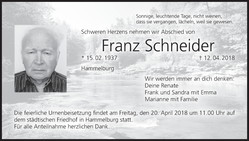  Traueranzeige für Franz Schneider vom 17.04.2018 aus MGO