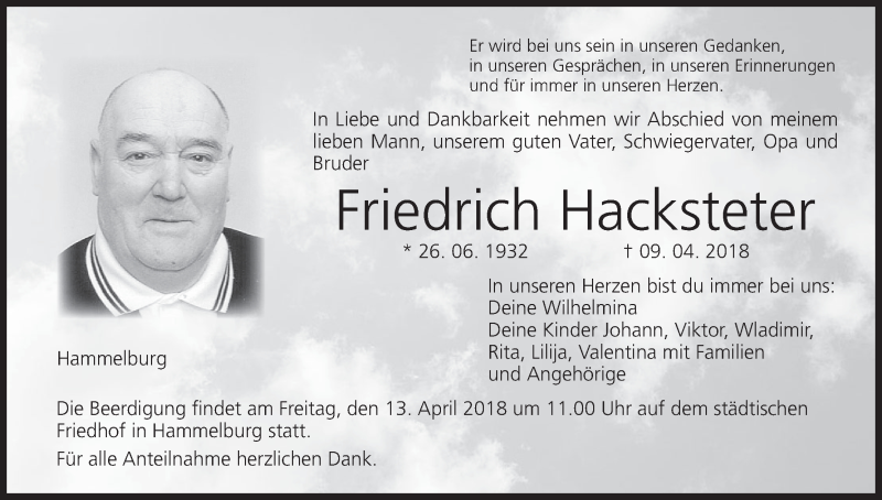  Traueranzeige für Friedrich Hacksteter vom 10.04.2018 aus MGO