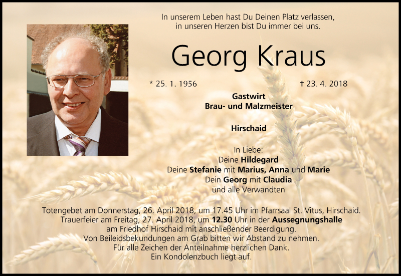  Traueranzeige für Georg Kraus vom 25.04.2018 aus MGO