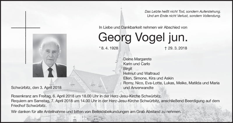  Traueranzeige für Georg Vogel vom 03.04.2018 aus MGO
