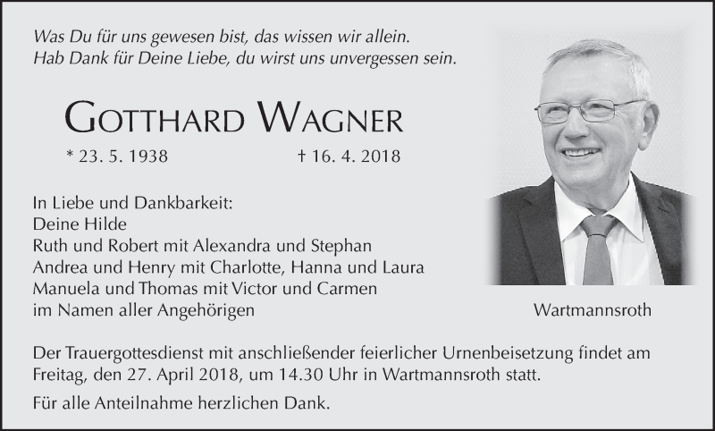  Traueranzeige für Gotthard Wagner vom 21.04.2018 aus MGO