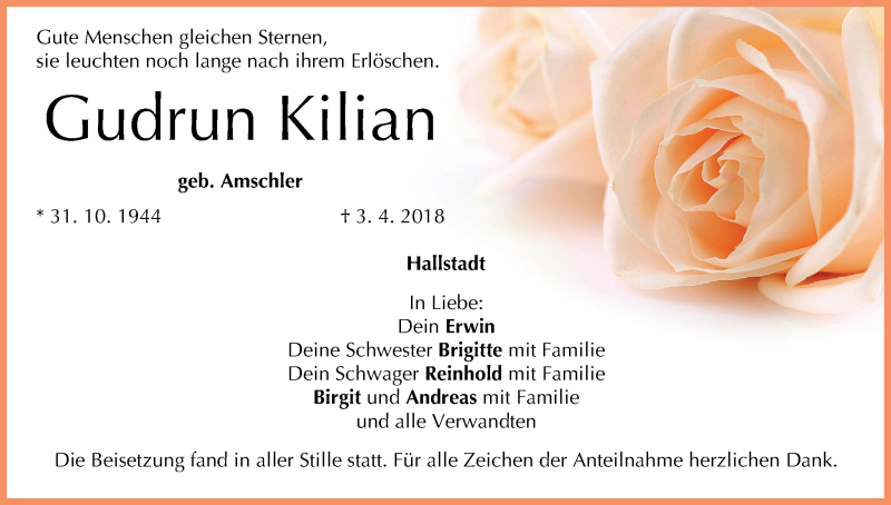  Traueranzeige für Gudrun Kilian vom 14.04.2018 aus MGO