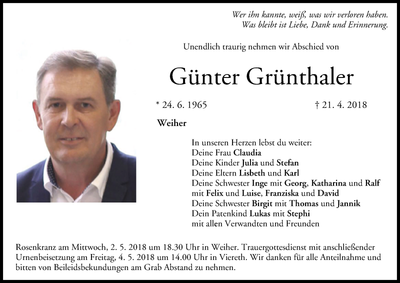  Traueranzeige für Günter Grünthaler vom 28.04.2018 aus MGO