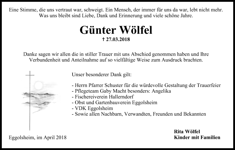  Traueranzeige für Günter Wölfel vom 14.04.2018 aus MGO