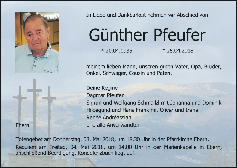  Traueranzeige für Günther Pfeufer vom 28.04.2018 aus MGO