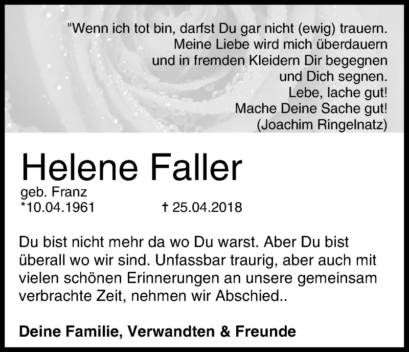  Traueranzeige für Helene Faller vom 30.04.2018 aus MGO