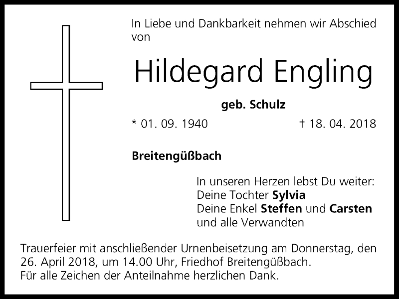  Traueranzeige für Hildegard Engling vom 24.04.2018 aus MGO