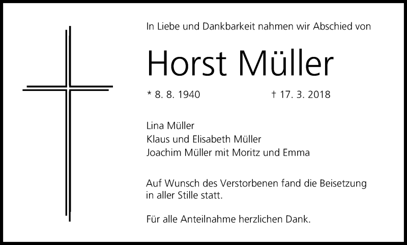 Traueranzeige für Horst Müller vom 07.04.2018 aus MGO