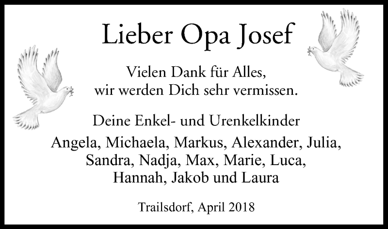  Traueranzeige für Josef  vom 05.04.2018 aus MGO