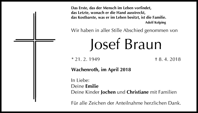  Traueranzeige für Josef Braun vom 18.04.2018 aus MGO