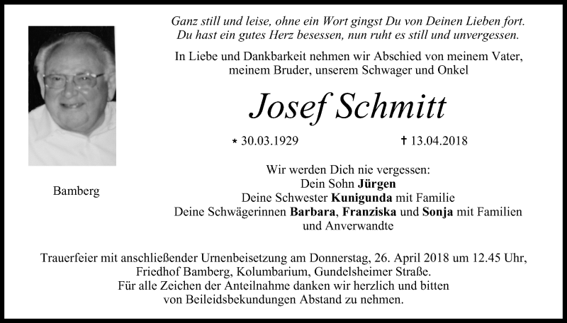  Traueranzeige für Josef Schmitt vom 25.04.2018 aus MGO
