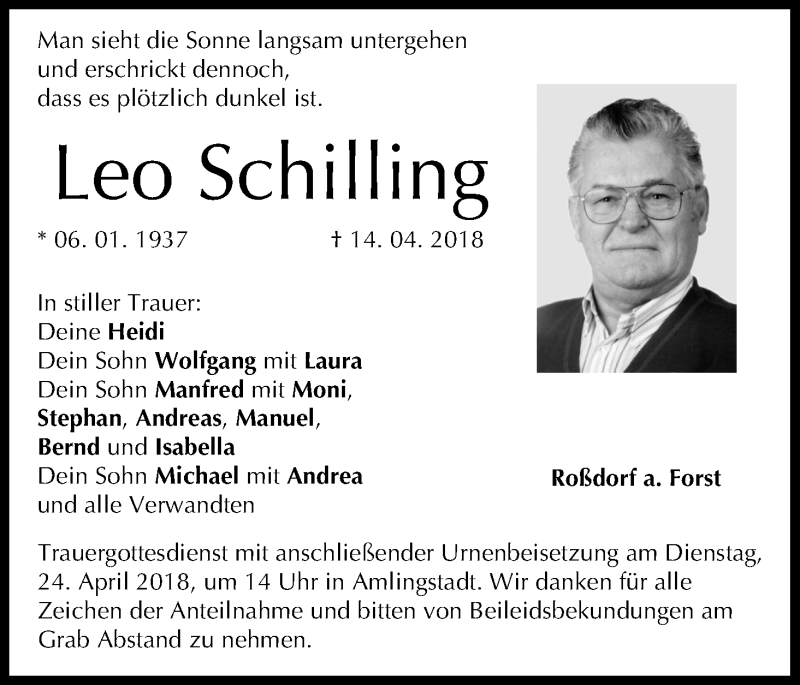 Traueranzeige für Leo Schilling vom 18.04.2018 aus MGO