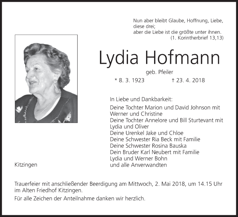 Lydia Hofmann | Traueranzeige | trauer.inFranken.de