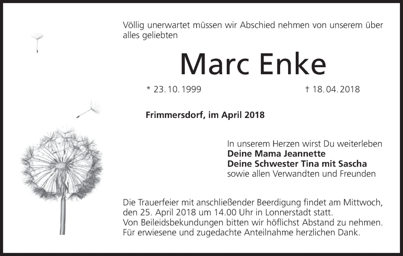 Traueranzeige für Marc Enke vom 24.04.2018 aus MGO