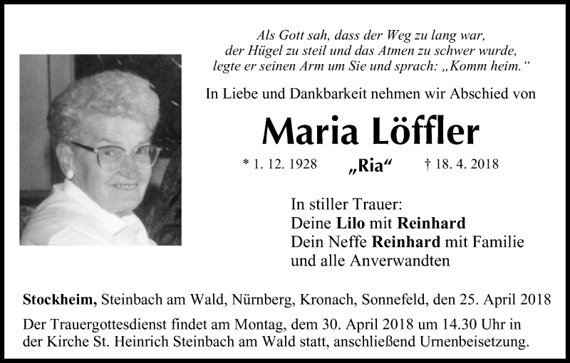  Traueranzeige für Maria Löffler vom 25.04.2018 aus MGO
