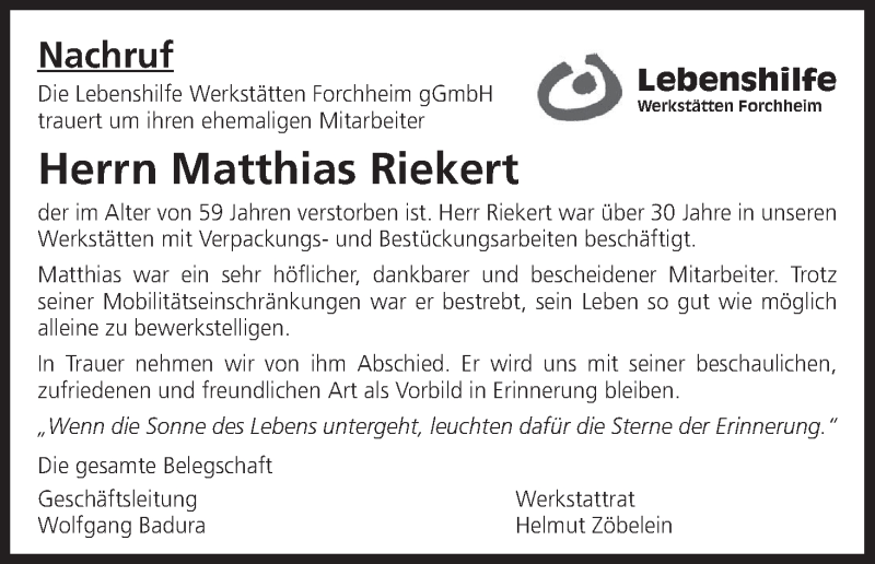  Traueranzeige für Matthias Riekert vom 24.04.2018 aus MGO