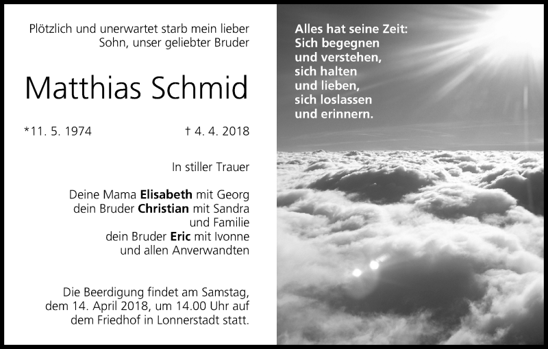  Traueranzeige für Matthias Schmid vom 10.04.2018 aus MGO