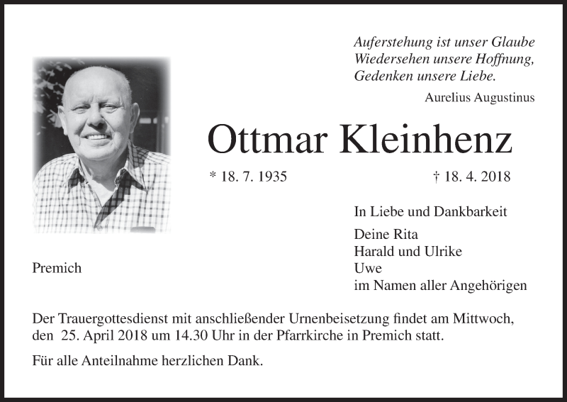  Traueranzeige für Ottmar Kleinhenz vom 21.04.2018 aus MGO