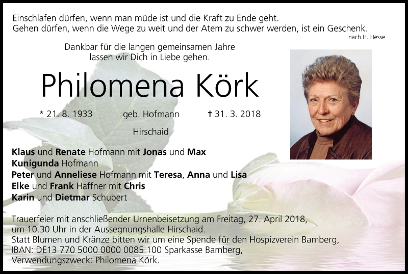  Traueranzeige für Philomena Körk vom 21.04.2018 aus MGO