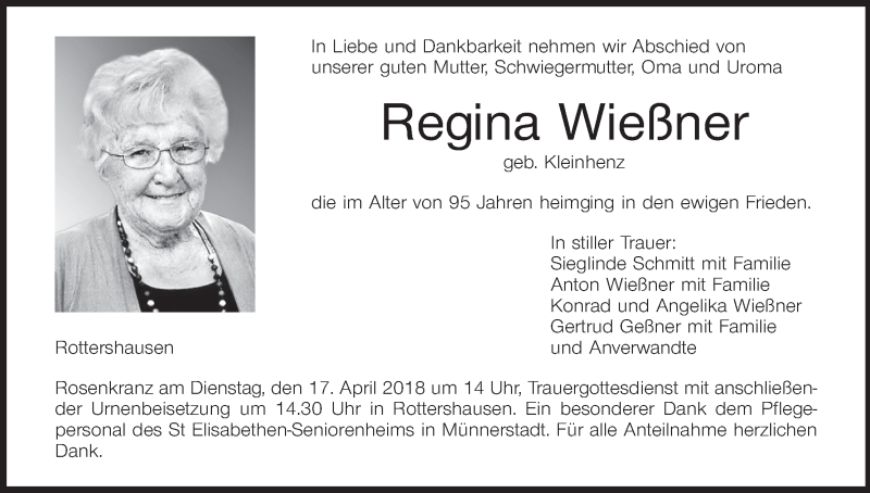  Traueranzeige für Regina Wießner vom 14.04.2018 aus MGO