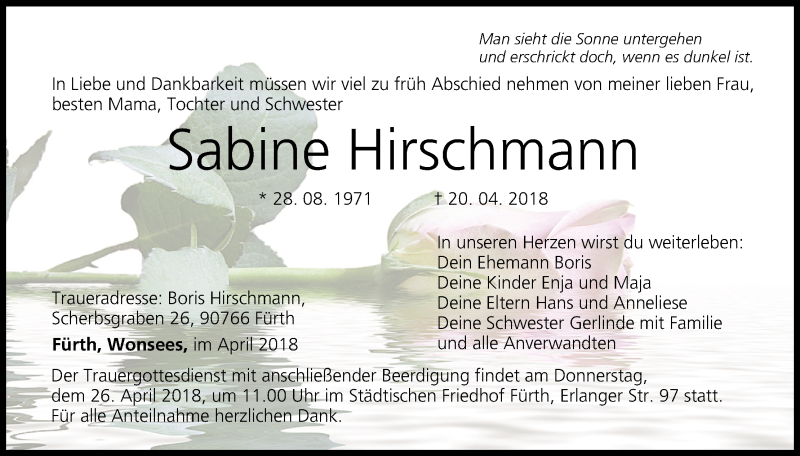  Traueranzeige für Sabine Hirschmann vom 24.04.2018 aus MGO