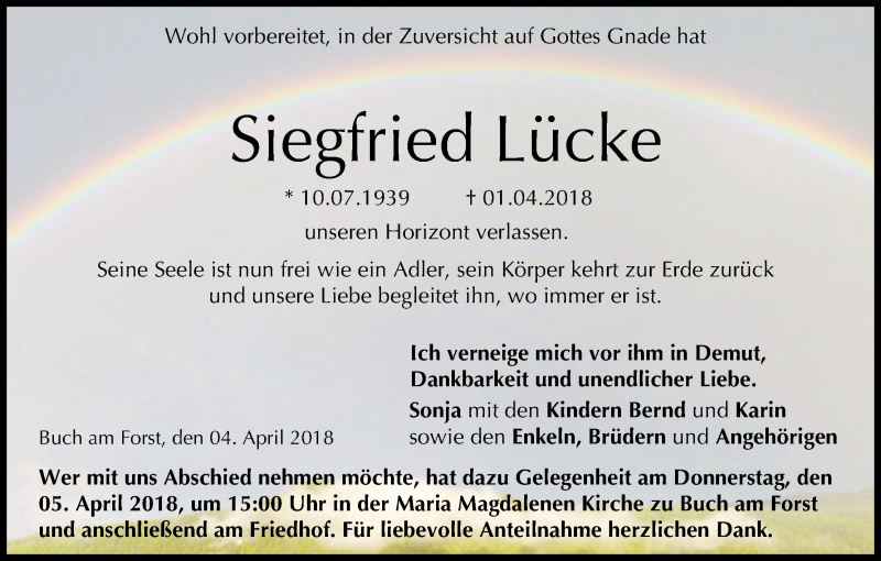  Traueranzeige für Siegfried Lücke vom 04.04.2018 aus MGO