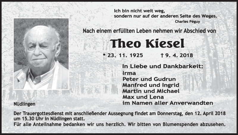  Traueranzeige für Theo Kiesel vom 11.04.2018 aus MGO