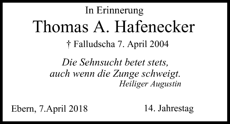  Traueranzeige für Thomas A. Hafenecker vom 07.04.2018 aus MGO