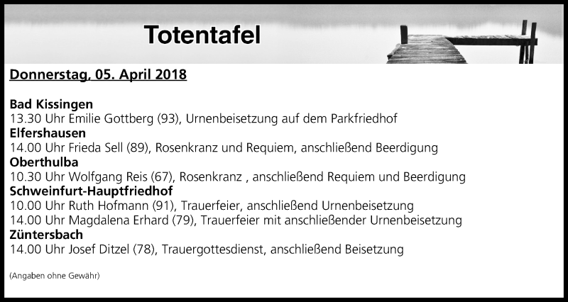  Traueranzeige für Totentafel vom 05.04.2018 vom 05.04.2018 aus MGO