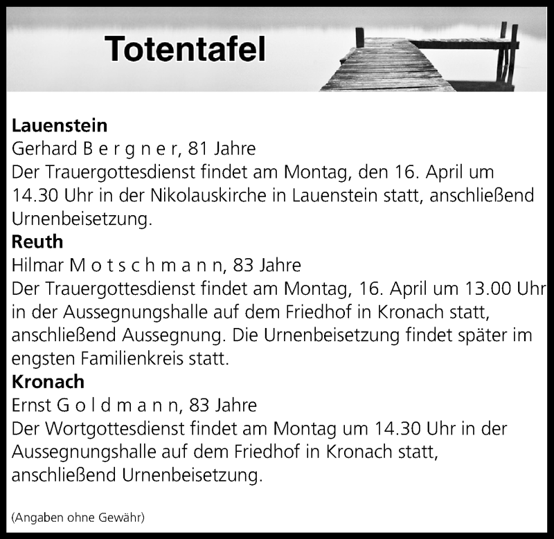  Traueranzeige für Totentafel vom 14.04.2018 vom 14.04.2018 aus MGO