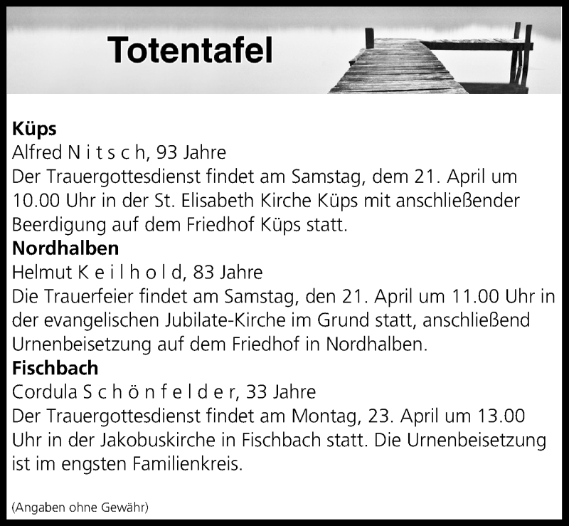  Traueranzeige für Totentafel vom 20.04.2018 vom 20.04.2018 aus MGO