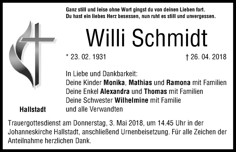  Traueranzeige für Willi Schmidt vom 28.04.2018 aus MGO