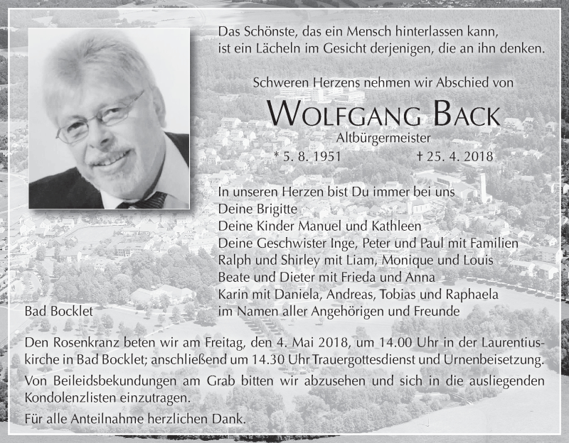  Traueranzeige für Wolfgang Back vom 28.04.2018 aus MGO