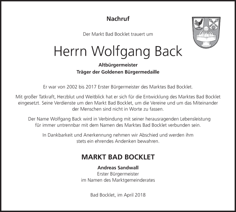  Traueranzeige für Wolfgang Back vom 28.04.2018 aus MGO