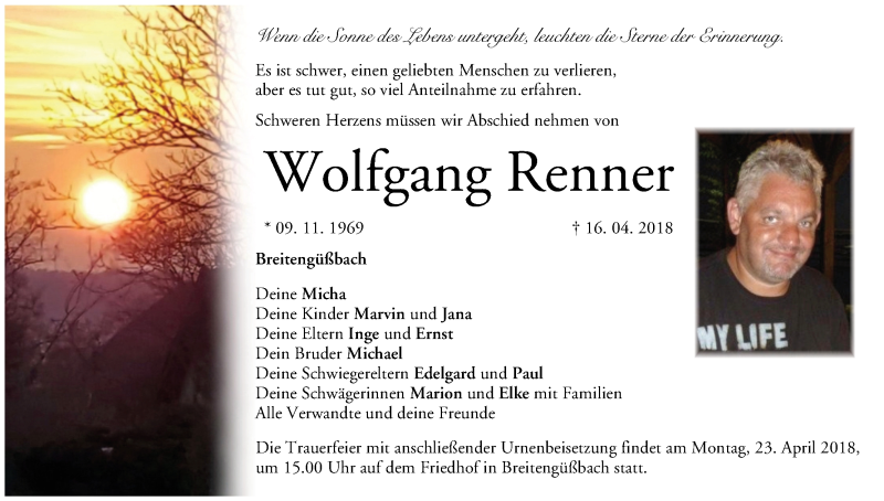  Traueranzeige für Wolfgang Renner vom 18.04.2018 aus MGO