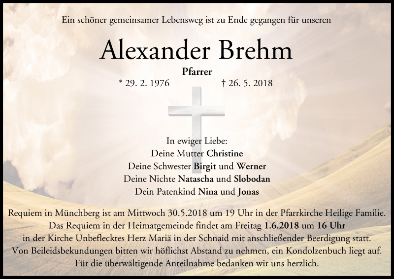  Traueranzeige für Alexander Brehm vom 30.05.2018 aus MGO