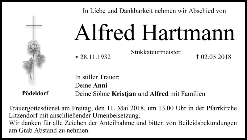  Traueranzeige für Alfred Hartmann vom 05.05.2018 aus MGO