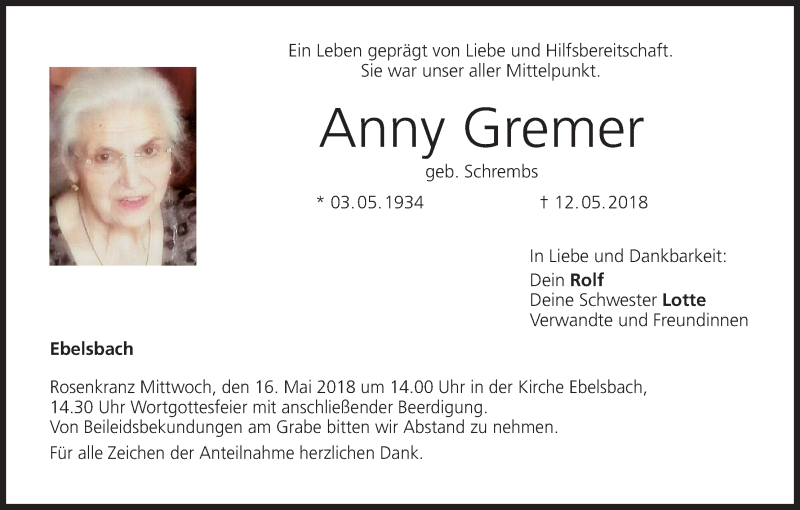  Traueranzeige für Anny Gremer vom 14.05.2018 aus MGO