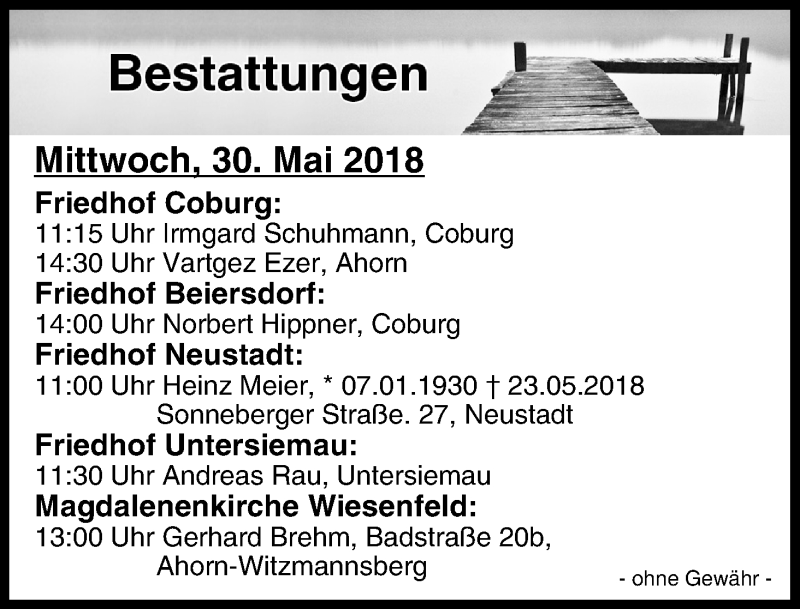 Bestattungen Vom 30.05.2018 | Traueranzeige | Trauer.inFranken.de