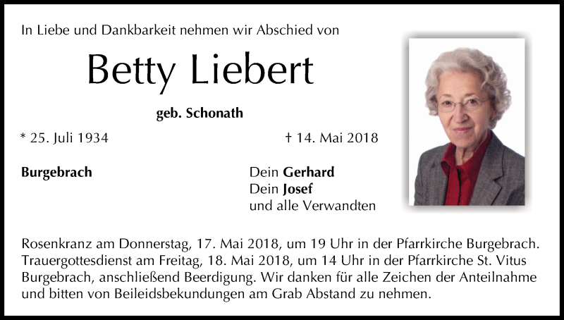  Traueranzeige für Betty Liebert vom 16.05.2018 aus MGO