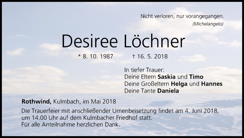  Traueranzeige für Desiree Löchner vom 29.05.2018 aus MGO
