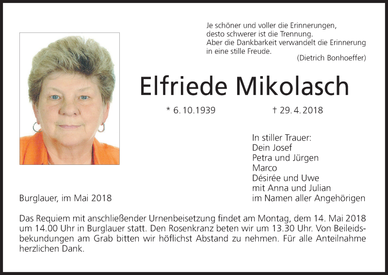 Traueranzeige für Elfriede Mikolasch vom 10.05.2018 aus MGO