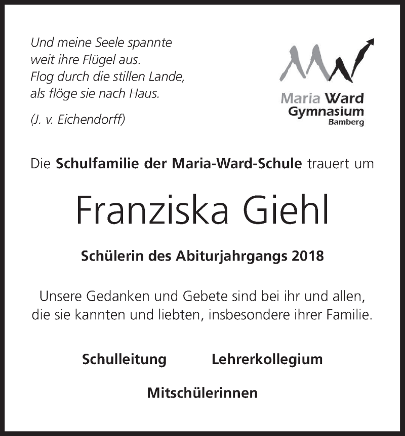  Traueranzeige für Franziska Giehl vom 03.05.2018 aus MGO